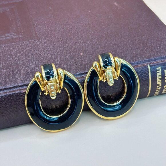 Vintage 1980s Style Statement Clip-On Earrings, Gold Tone with Black Enamel - Picture 2 of 10